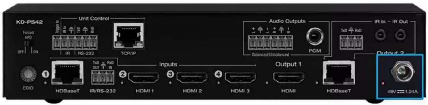 KD-PS42 Forced HPD OFF | ON Unit Control IR RS-232 TCP/IP Audio Outputs Balanced/Unbalanced PCM IR In - IR Out Output 2 EDID HDBaseT IR/RS-232 HDMI 1 HDMI 2 HDMI 3 HDMI HDBaseT Inputs Output 1 48V 1.04A