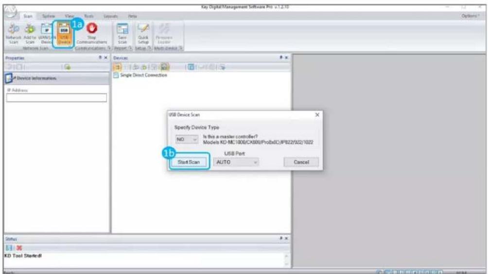 Key Digital Management Software Pro v.1.2.10 Scan Options View Tools Layouts Help Network Scan Add to WIMI/CK Scan Device Information Stop Communications Communications Save Store Quick Setup Settings Loader Network Scan Properties Device Information Single Direct Connection USB Device Scan Specify Device Type NO Is this a master controller? Models KD-MC1000/CX800/ProbitID/JP822/922/1022 USB Port Start Scan AUTO Cancel Status KD Tool Standard#