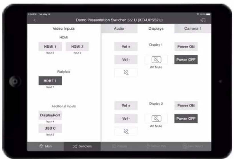Demo Presentation Switcher 5:2 U (KD-UPS52U) Video Inputs HDMI HDMI 1 Input 2 HDMI 2 Input 3 Wallplate HDBT 1 Input 1 Additional Inputs DisplayPort Input 4 USB C Input 5 Audio Displays Camera 1 Vol + Display 1 Power ON Vol - AV Mute Power OFF Vol + Display 2 Power ON Vol - AV Mute Power OFF Man Switchers