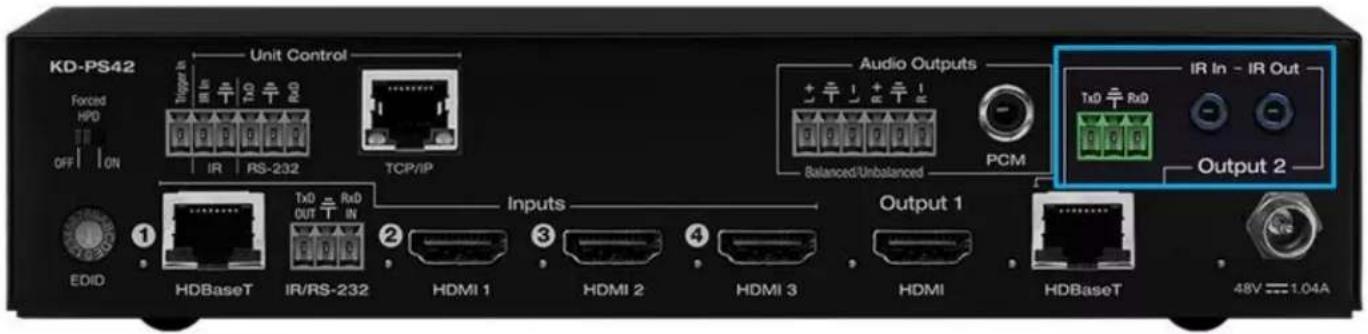 KD-PS42 Forced HPD OFF | ON Unit Control Trigger In IR In Tx0 Rs0 RD0 IR RS-232 TCP/IP Audio Outputs Balanced/Unbalanced PCM IR In - IR Out Tx0 Rs0 Output 2 EDID 1 HDBaseT Tx0 Rx0 OUT IN Inputs HDMI 1 3 HDMI 2 4 HDMI 3 Output 1 HDMI HDBaseT 48V 1.04A
