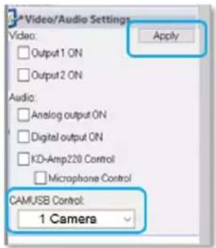 Video/Audio Settings Video: Output1 ON Output2 ON Audio: Analog output ON Digital output ON KD-Amp228 Control Microphone Control CAMUSB Control: 1 Camera