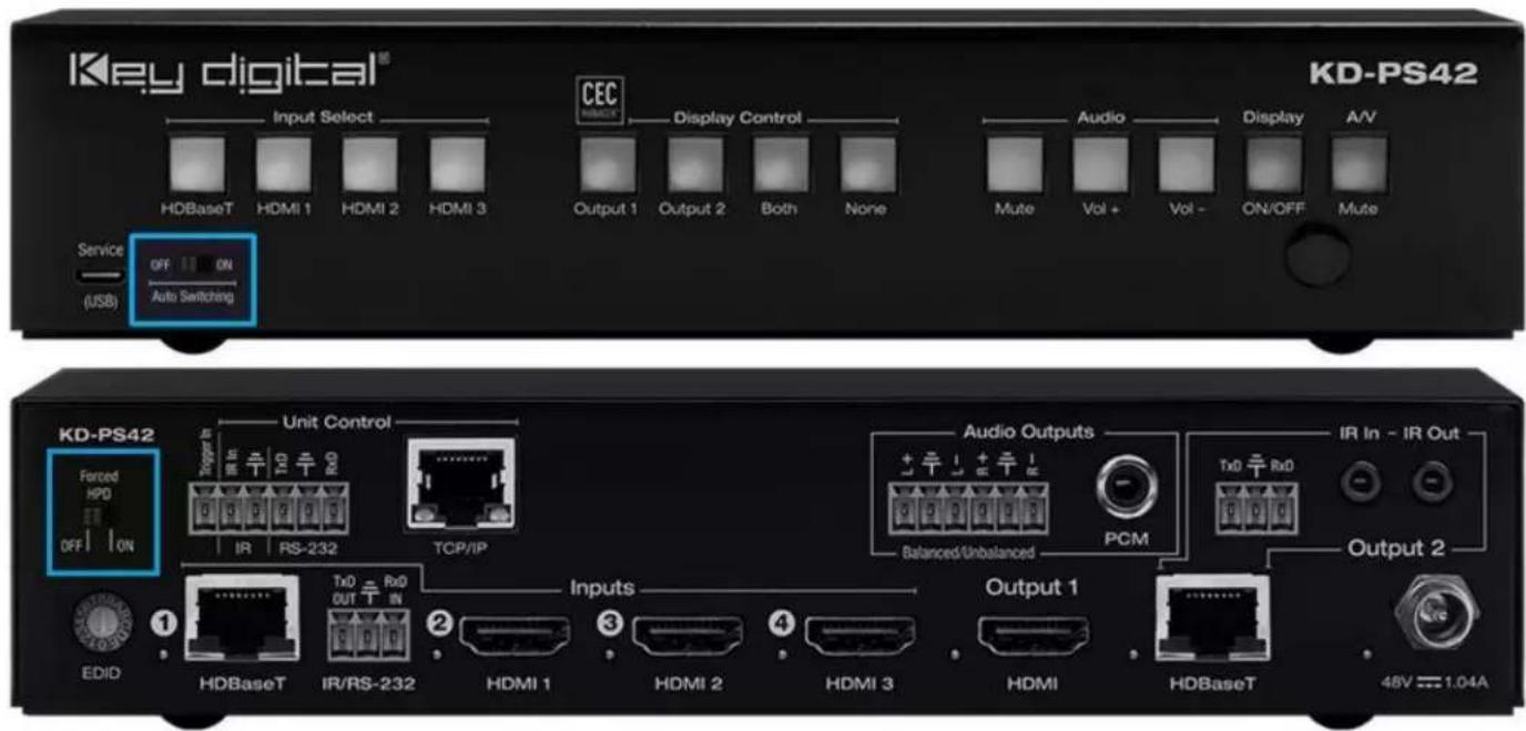 Key digital® Input Select CEC HDBaseT HDMI 1 HDMI 2 HDMI 3 Display Control Output 1 Output 2 Both None Audio Display A/V Mute Vol + Vol - ON/OFF Mute Service OFF ON (AUSB) Auto Switching KD-PS42 KD-PS42 Forced HPD OFF ON Unit Control Input In IR RS-232 TCP/IP Audio Outputs + - Balanced/Unbalanced PCM TxD RxD Output 2 EDID HDBaseT IR/RS-232 TxD RxD OUT IN HDMI 1 HDMI 2 HDMI 3 Output 1 HDMI HDBaseT 48V 1.04A