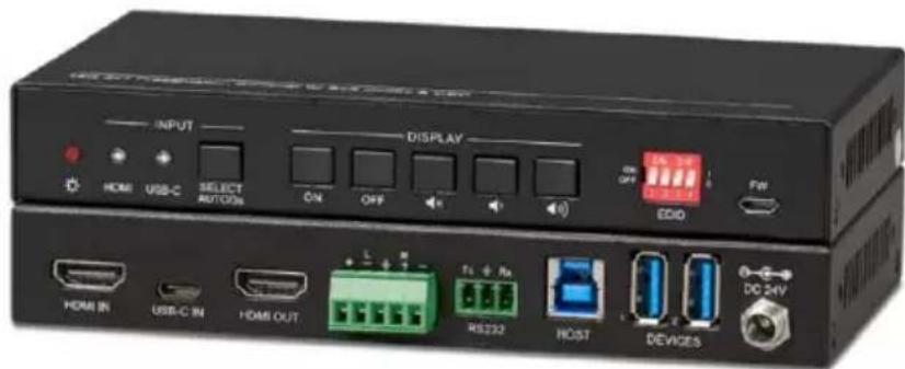 INPUT DISPLAY HDMI USB-C SELECT AUTOMS ON OFF ON OFF EDIO FW HDMI IN USB-C IN HDMI OUT RS232 HOST DEVICES DC 24V