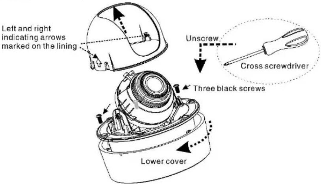 Left and right indicating arrows marked on the lining Unscrew. Cross screwdriver Three black screws Lower cover