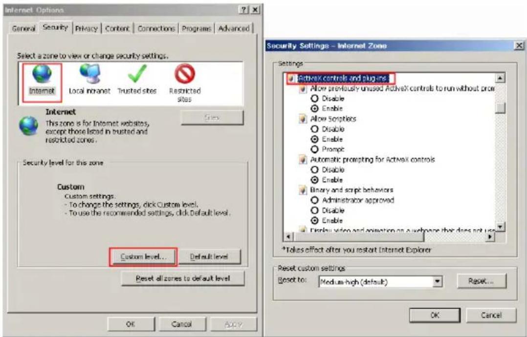 Internet Options General Security Privacy Content Connections Programs Advanced Select a zone to view or change security settings. Internet Local Intranet Trusted sites Restricted sites Internet This zone is for Internet websites, except those listed in trusted and restricted zones. Security level for this zone Custom Custom settings: - To change the settings, click Custom level. - To use the recommended settings, click Default level. Custom level... Default level Reset all zones to default level OK Cancel Apply Security Settings - Internet Zone Settings: ActiveX controls and plugins Allow previously unused ActiveX controls to run without prior Disable Enable Allow Scripties Disable Enable Prompt Automatic prompting for ActiveX controls Disable Enable Binary and script behaviors Administrator approved Disable Enable Display video and animation on a webpage that does not use *Takes effect after you restart Internet Explorer Reset custom settings Reset to: Medium-high (default) Reset... OK Cancel