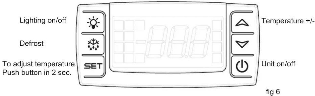Lighting on/off Defrost To adjust temperature. Push button in 2 sec. SET Temperature +/- Unit on/off fig 6