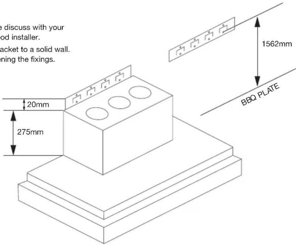 e discuss with your od installer. packet to a solid wall. ning the fixings. 20mm 275mm 1562mm BBQ PLATE