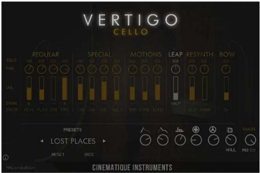 VERTIGO CELLO REGULAR SPECIAL MOTIONS LEAP RESYNTH BOW PRESETS LOST PLACES HALP MAIN RESET DICE HALLion Edition CINEMATIQUE INSTRUMENTS
