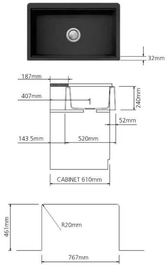 32mm 187mm 407mm 240mm 52mm 143.5mm 520mm CABINET 610mm 461mm R20mm 767mm