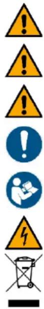 Warning symbols including warning signs, warning circles, and a trash can with a person using a device