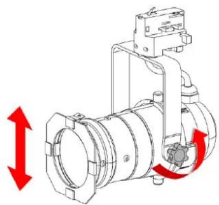 Technical line drawing of a mechanical component with red directional arrows indicating motion (no text or symbols)