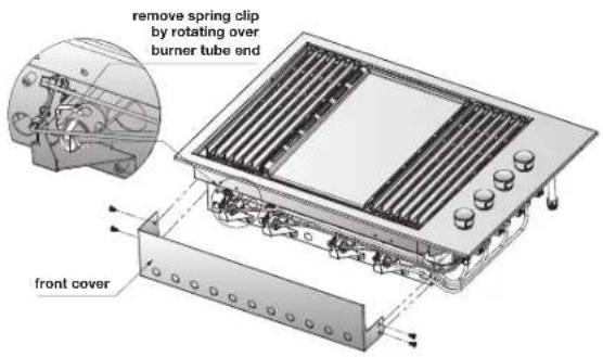 remove spring clip by rotating over burner tube end front cover