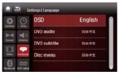 Settings | Language OSD English DVD audio 简体中文 DVD subtitle 简体中文 Disc menu 简体中文