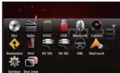 DinC Radio SDHC USB Bluetooth Camera Navigation iPod AV IN1 AV IN2 SWC OneTouch Settings Rear zone