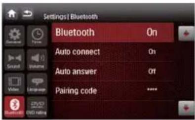 Settings | Bluetooth Bluetooth On Auto connect On Auto answer Off Pairing code ****