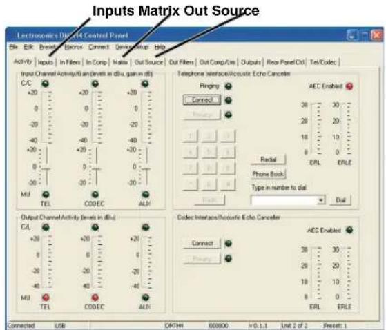 Inputs Matrix Out Source Electronics Digital Control Panel File Edit Breakthrough Elements Connect Devices Setup Help Activity Inputs In Filters In Comp Matrix Out Source Out Filters Out Comp/Can Outputs Rear Panel Out Tel/Codec Input Channel Activity/Gain (levels in dBu, gain in dB) C/C +20 0 -20 -40 +20 -20 MU TEL CODEC ALN Telephone Interface/Acoustic Echo Canceler Ringing AEC Enabled Connect 38 30 29 20 18 10 8 0 EFL EFLLE Redial Phone Book Type in number to dial Dial Output Channel Activity (levels in dBu) C/L +20 0 -20 -40 +20 -20 MU TEL CODEC ALN Codec Interface/Acoustic Echo Canceler Connect AEC Enabled Connect 38 30 29 20 18 10 8 0 EFL EFLLE Connected USB CMTH 00000 V 0.1.1 Unit 2 of 2 Preset: 1