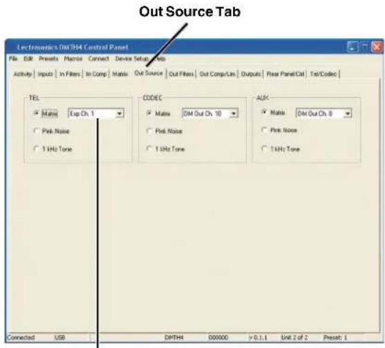 Out Source Tab Electronics DMTH4 Control Panel File Edit Presets Macros Connect Device Setup Help Activity Inputs In Filters In Comp Matte Out Source Out Filters Out Comp/Lin Outputs Rear Panel Cut Tel/Codec TEL ● Main Exp Ch. 1 ○ Pink Noise ○ 1 Hz Tone CODEC ● Main DM Out Ch. 10 ○ Pink Noise ○ 1 Hz Tone AUX ● Main DM Out Ch. 8 ○ Pink Noise ○ 1 Hz Tone Connected USB DMTH4 000000 > 0.1.1 Unit 2 of 2 Preset: 1