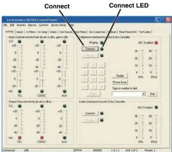 Connect Electronics DMTHS Control Panel File Edit Breaks Macros Connect Device Setup Help Activity Inputs In Filters In Comp Ratio Cut Source Out Filters Out Comp/Loss Outputs Rear Panel Out Tel/Coder Input Channel Activity/Gain (levels in dBu, gain in dB) C/C +20 0 -20 -40 +20 0 -20 -30 TEL CODEC AUX Telephone Interface/Acoustic Echo Cancelled Finging AEC Enabled Connect 30 30 10 20 5 10 EPL EPLE Radial Phone Busl Type in number to dial Dial Output Channel Activity (levels in dBu) C.L. +20 0 -20 -40 TEL CODEC AUX Codec Interface/Acoustic Echo Cancelled Connect AEC Enabled Primary 30 30 20 20 10 10 EPL EPLE Connected USB DMTHI 000000 v D.1.1 Unit 2 of 2 Preset: 1