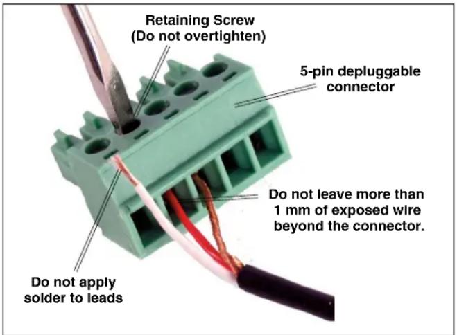 Retaining Screw (Do not overtighten) 5-pin depluggable connector Do not leave more than 1 mm of exposed wire beyond the connector. Do not apply solder to leads