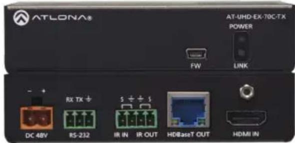 ATLONA® FW LINK AT-UHD-EX-T0C-TX POWER DC 48V RX TX + RS-232 IR IN IR OUT S + + HDBaseT OUT HDMI IN