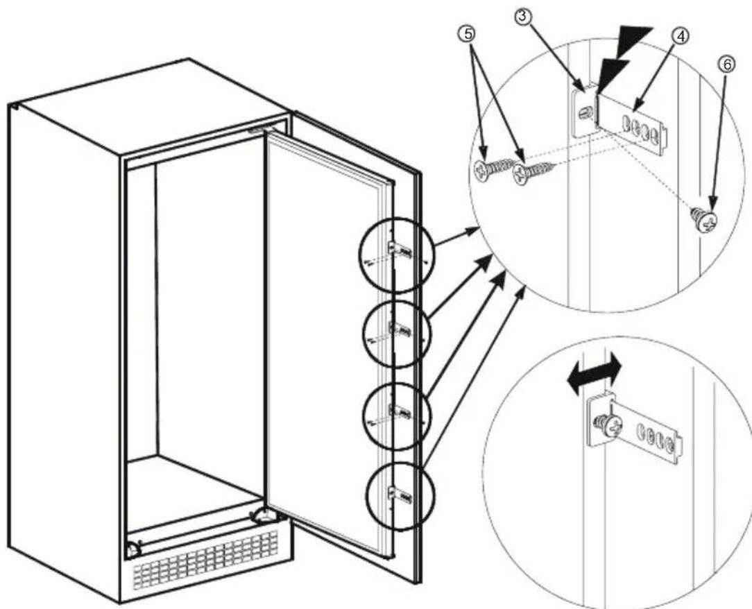 Technical diagram of a cabinet with numbered components and close-up insets showing internal components and assembly steps.