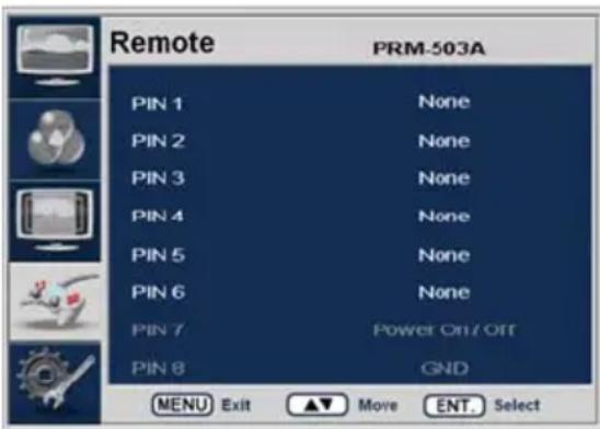 Remote PRM-503A PIN 1 None PIN 2 None PIN 3 None PIN 4 None PIN 5 None PIN 6 None PIN 7 Power On/Off PIN 8 GND MENU Exit ▲ Move ENT Select