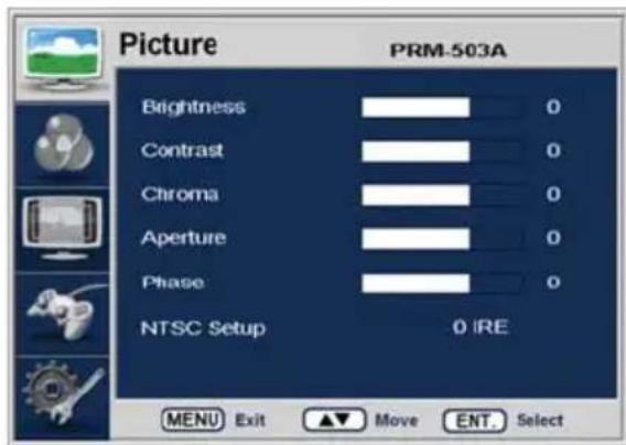 Picture PRM-503A Brightness Contrast Chroma Aperture Phase NTSC Setup 0 IRE MENU Exit ▲ Move ENT Select