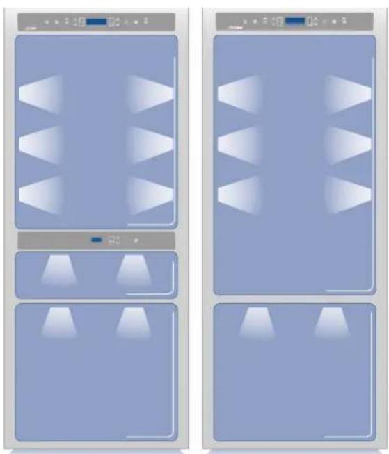 Two identical blue-framed display panels with white geometric patterns and indicator lights, no text or symbols present.