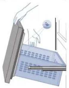 Illustration of a hand holding a rectangular object with a circular icon and a tool, no text or symbols present.