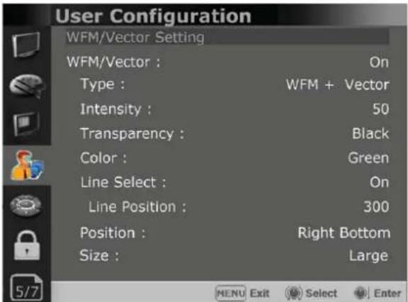 User Configuration WFM/Vector Setting WFM/Vector : On Type : WFM + Vector Intensity : 50 Transparency : Black Color : Green Line Select : On Line Position : 300 Position : Right Bottom Size : Large