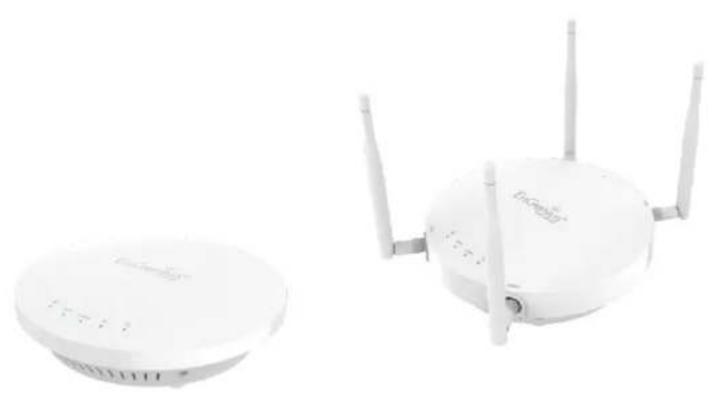 Two white wireless devices with visible antennas and ports, one circular and one rectangular (no text or symbols)