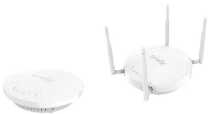 Two white wireless devices with antennas and a circular base, one plain and one connected to the other (no visible text or symbols)