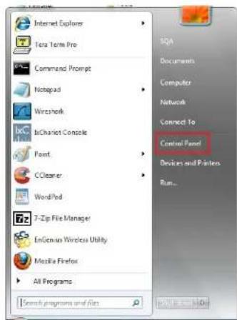 Internet Explorer Tera Term Pro Command Prompt Notepad Wireshop InChariot Console Paint CCleaner Word/Pad 7-Zip File Manager EnGenius Wireless Utility Media Firefox All Programs Search programs and files Control Panel Devices and Printers Run...