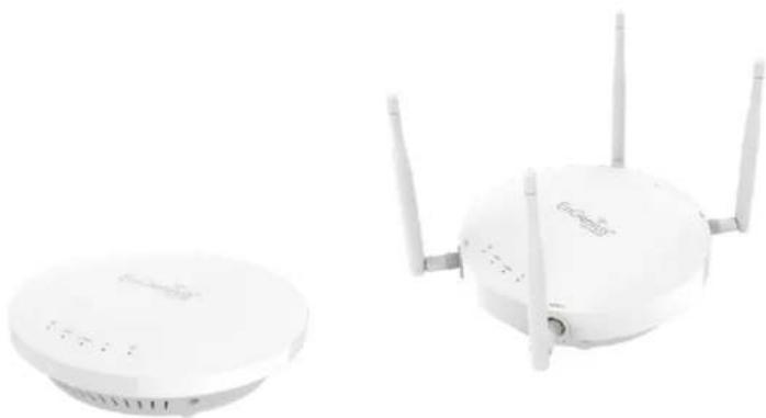 Two white wireless devices with antennas and a circular base, shown from different angles (no text or symbols visible)