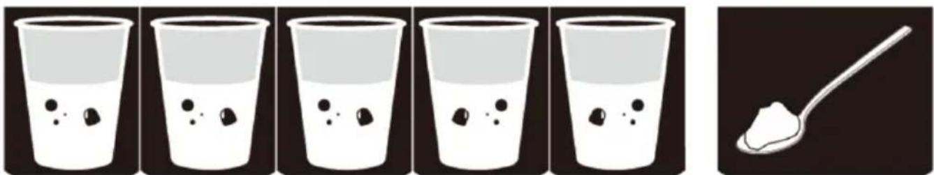 Sequence of six glasses showing liquid with black berries, followed by a spoon on dark background (no text or symbols)