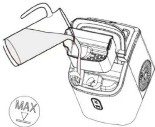 Line drawing of a portable electric fan with a handle and ventilation system, no text or symbols present