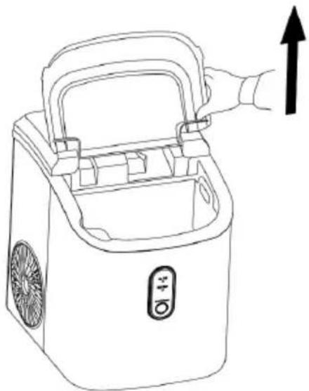 Line drawing of a microwave oven with handle and fan, showing an upward arrow (no text or symbols)