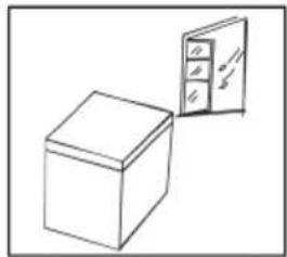 Simple line drawing of a box and a door with musical notes (no text or symbols)