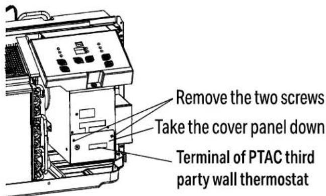 Remove the two screws Take the cover panel down Terminal of PTAC third party wall thermostat