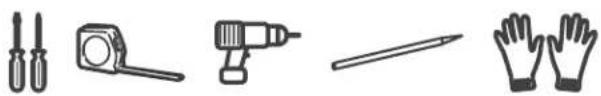 Illustration of five different hand tools: a pair of probes, a measuring tool, a drill bit, and a pair of gloves (no text or symbols present)