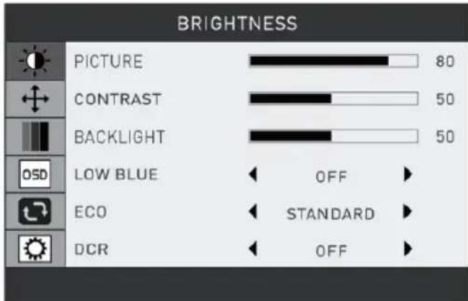 BRIGHTNESS PICTURE 80 CONTRAST 50 BACKLIGHT 50 LOW BLUE OFF ECO STANDARD DCR OFF