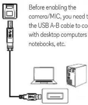 Before enabling the camera/MIC, you need to the USB A-B cable to con with desktop computers A notebooks, etc.