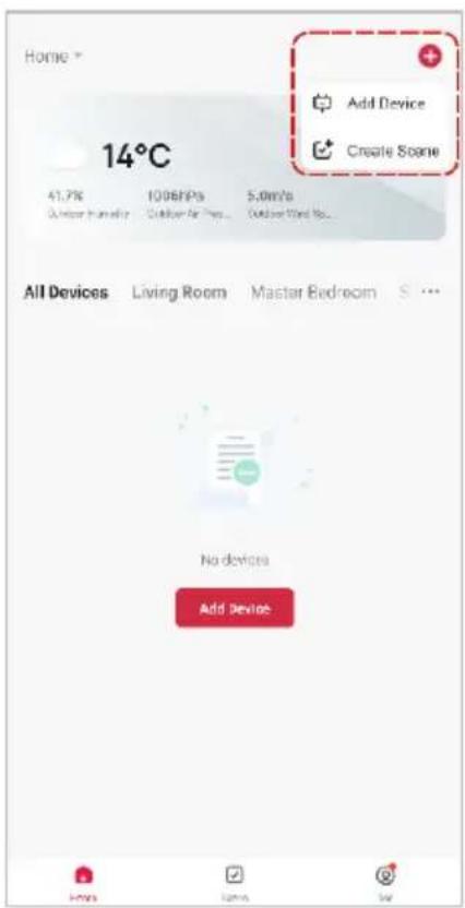 Home * 14°C 41.7% 100%FPs 5.0mVb Outdoor Air Prox Outdoor Wind No. Add Device Create Scene All Devices Living Room Master Bedroom S ... No devices Add Device