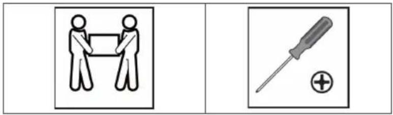 Two instructional icons: one showing a person holding a document, the other showing a screwdriver with a plus sign.