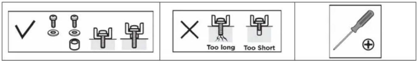 Diagram showing screw and nut assembly with tool icons and labels
