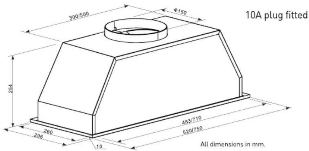 300/500 Φ150 254 260 296 10 483/710 520/750 All dimensions in mm. 10A plug fitted
