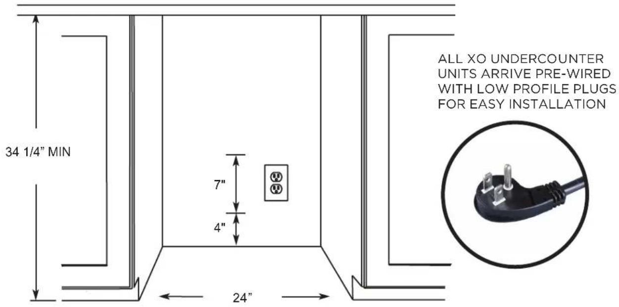 34 1/4" MIN 7" 4" 24" ALL XO UNDERCOUNTER UNITS ARRIVE PRE-WIRED WITH LOW PROFILE PLUGS FOR EASY INSTALLATION