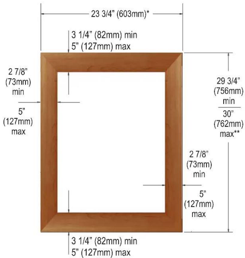 23 3/4" (603mm)* 3 1/4" (82mm) min 5" (127mm) max 2 7/8" (73mm) min 5" (127mm) max 29 3/4" (756mm) min 30" (762mm) max** 2 7/8" (73mm) min 5" (127mm) max 3 1/4" (82mm) min 5" (127mm) max