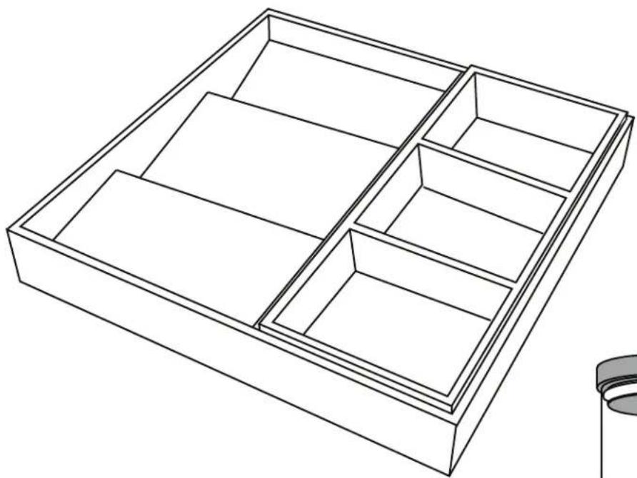 Line drawing of a multi-compartment drawer with no text or symbols