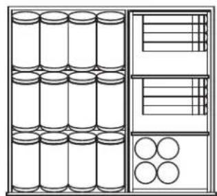 Diagram of a storage cabinet with three rows of circular tanks and one cabinet, showing internal compartments (no text or symbols)